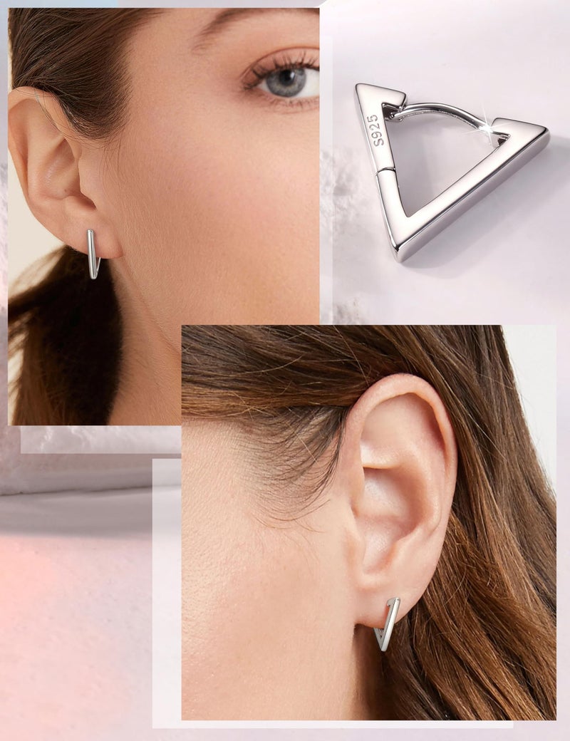 Milacolato 925 Sterling Silver Small Hoop Earrings for Women White Gold Plated Geometric Huggie Hoop Earrings Hypoallergenic Triangle Hoop Earrings for Women Trendy Jewelry Gifts - Image 3